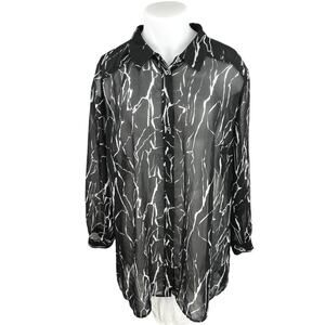 Sejour Black White Chiffon Long Sleeve Sheer Collar Button Down Shirt Top 20W
